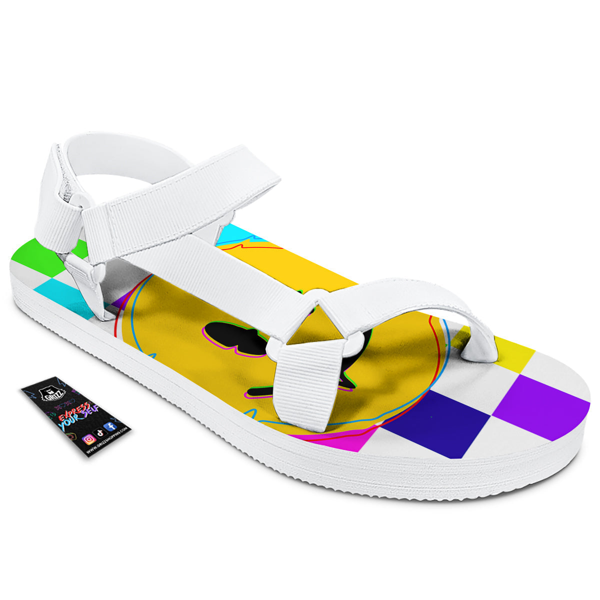 Funny Crazy Glitch And Checkered Neon Print White Open Toe Sandals-grizzshop