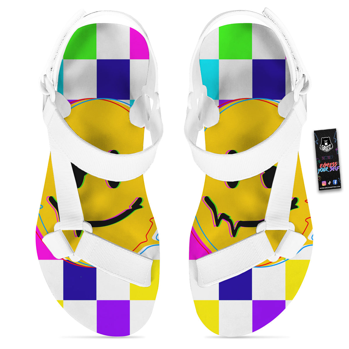 Funny Crazy Glitch And Checkered Neon Print White Open Toe Sandals-grizzshop