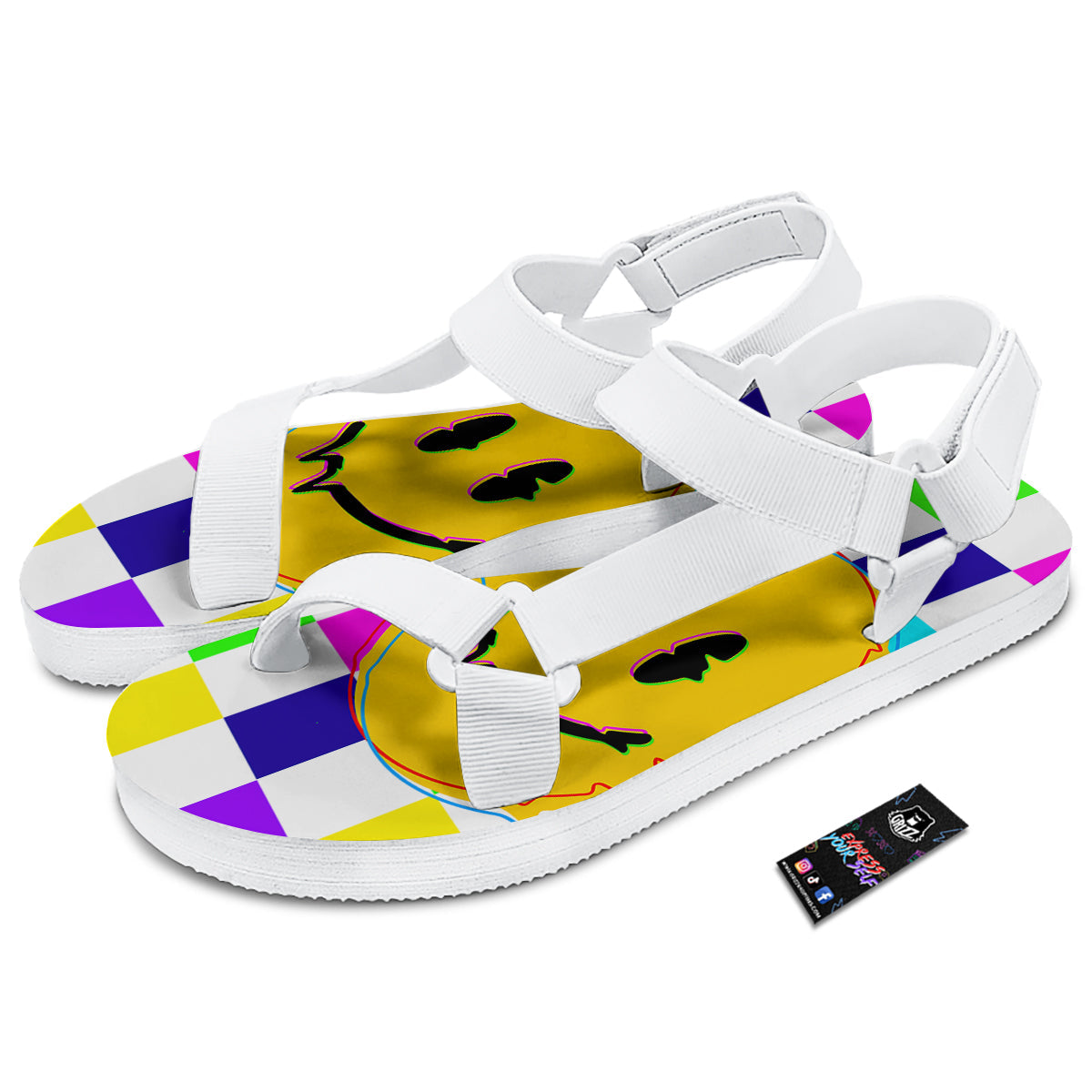 Funny Crazy Glitch And Checkered Neon Print White Open Toe Sandals-grizzshop