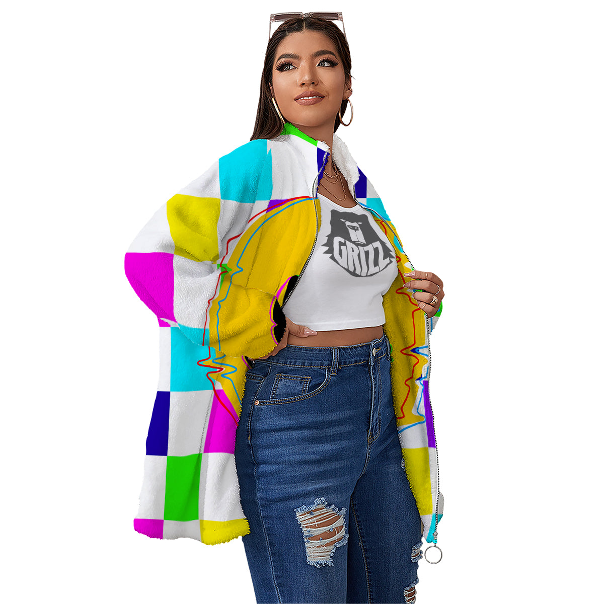 Funny Crazy Glitch And Checkered Neon Print Women's Sherpa Jacket-grizzshop