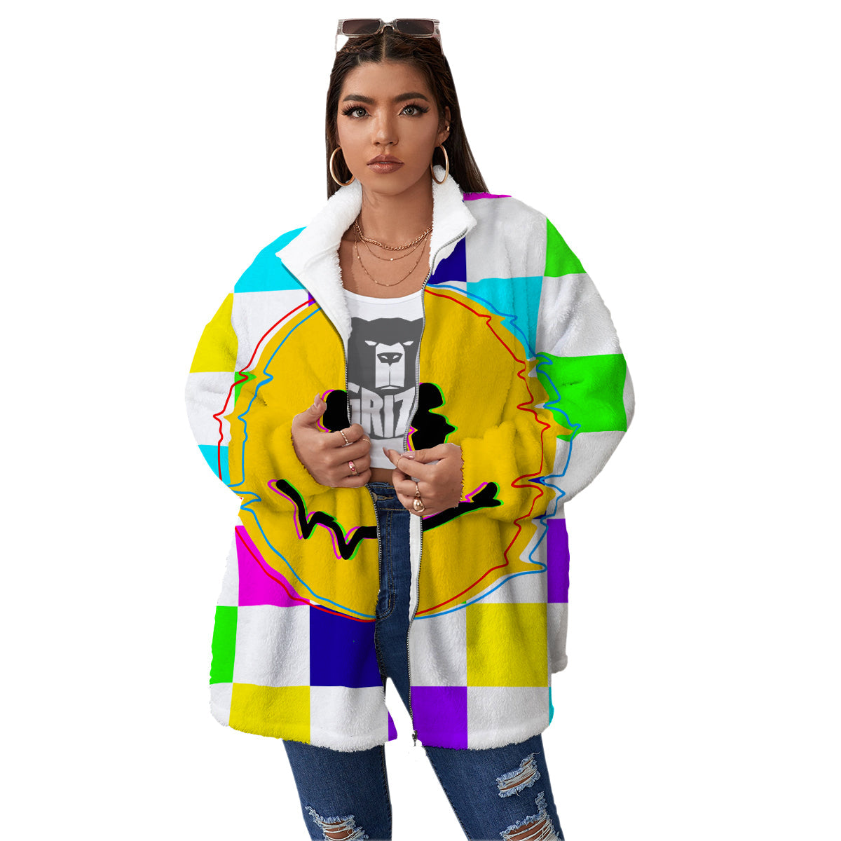 Funny Crazy Glitch And Checkered Neon Print Women's Sherpa Jacket-grizzshop