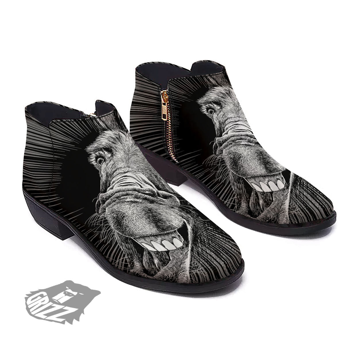 Funny Donkey White And Black Print Ankle Boots-grizzshop