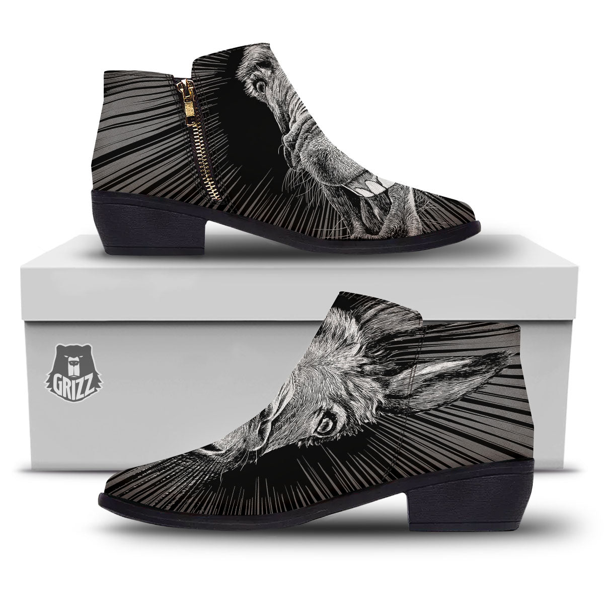 Funny Donkey White And Black Print Ankle Boots-grizzshop