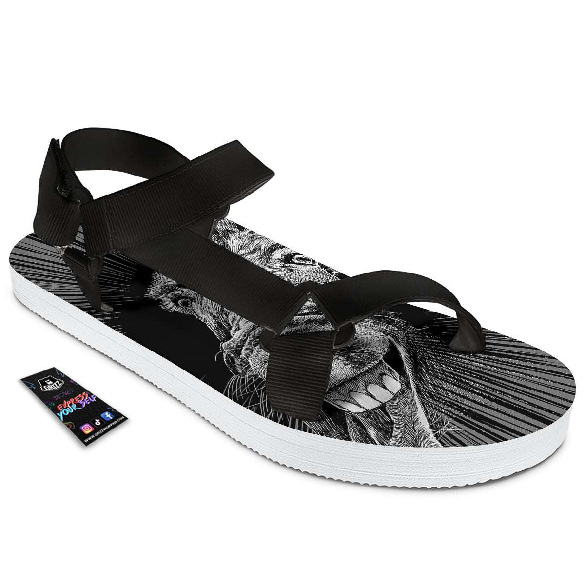 Funny Donkey White And Black Print Black Open Toe Sandals-grizzshop