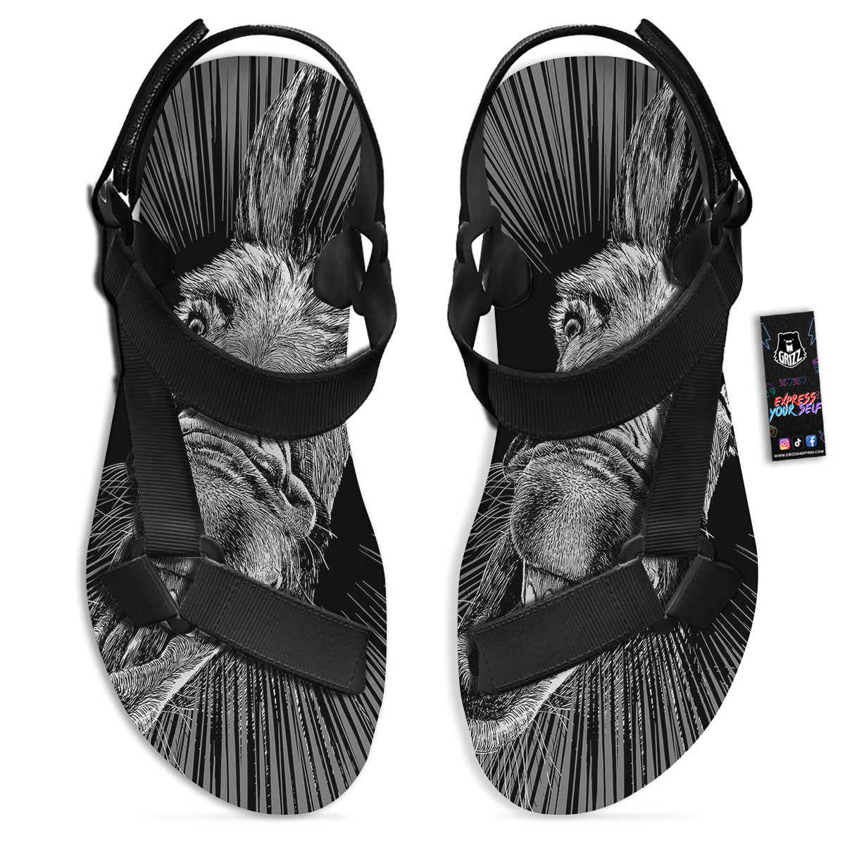 Funny Donkey White And Black Print Black Open Toe Sandals-grizzshop