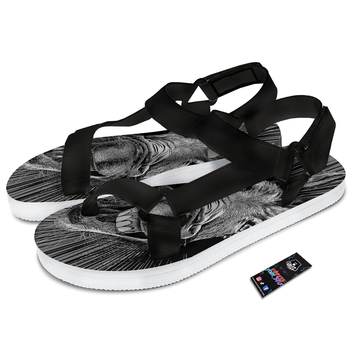 Funny Donkey White And Black Print Black Open Toe Sandals-grizzshop