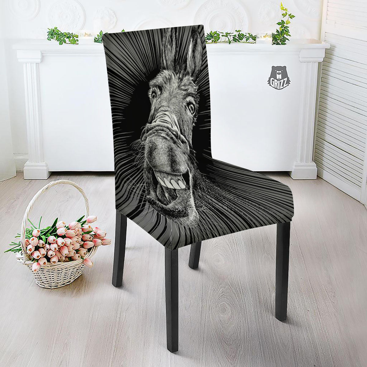 Funny Donkey White And Black Print Dining Chair Slipcover-grizzshop