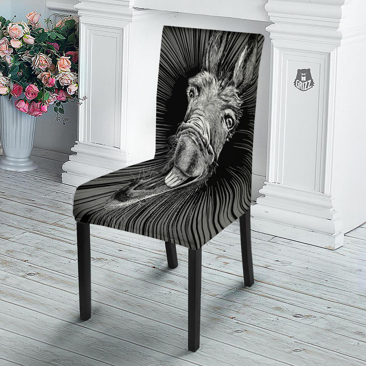 Funny Donkey White And Black Print Dining Chair Slipcover-grizzshop