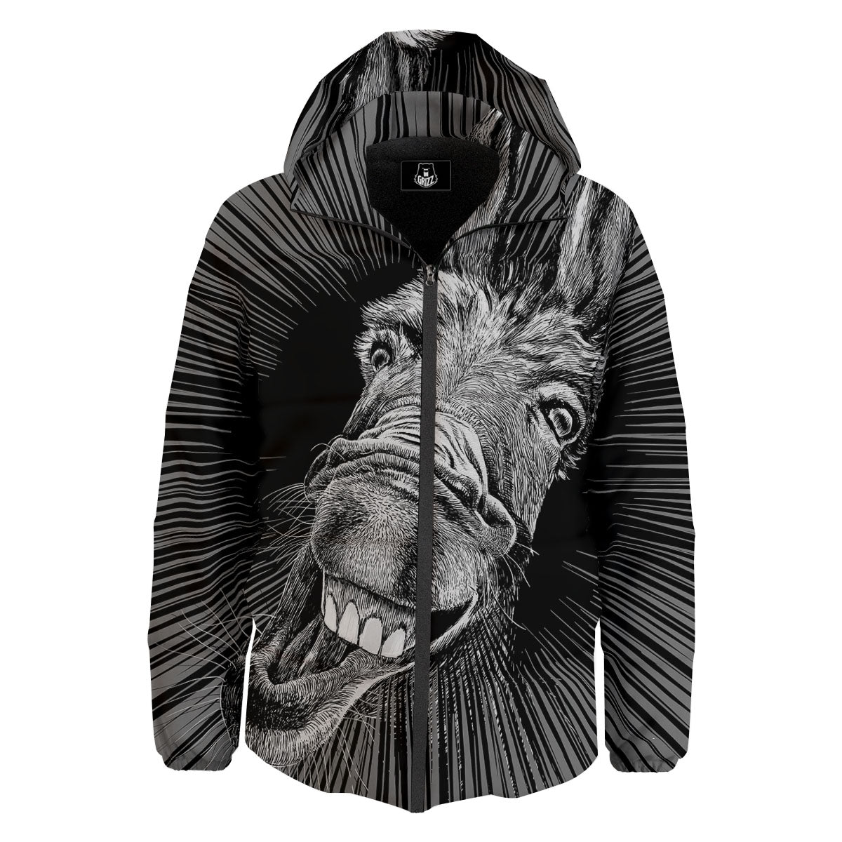 Funny Donkey White And Black Print Down Jacket-grizzshop