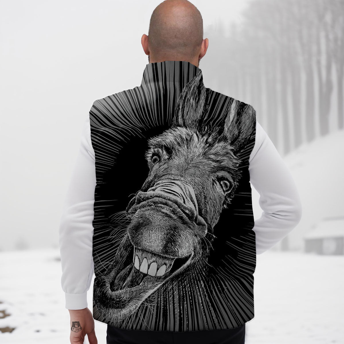 Funny Donkey White And Black Print Down Vest