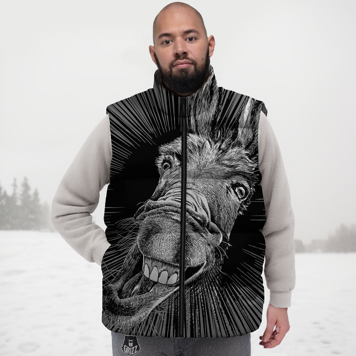 Funny Donkey White And Black Print Down Vest