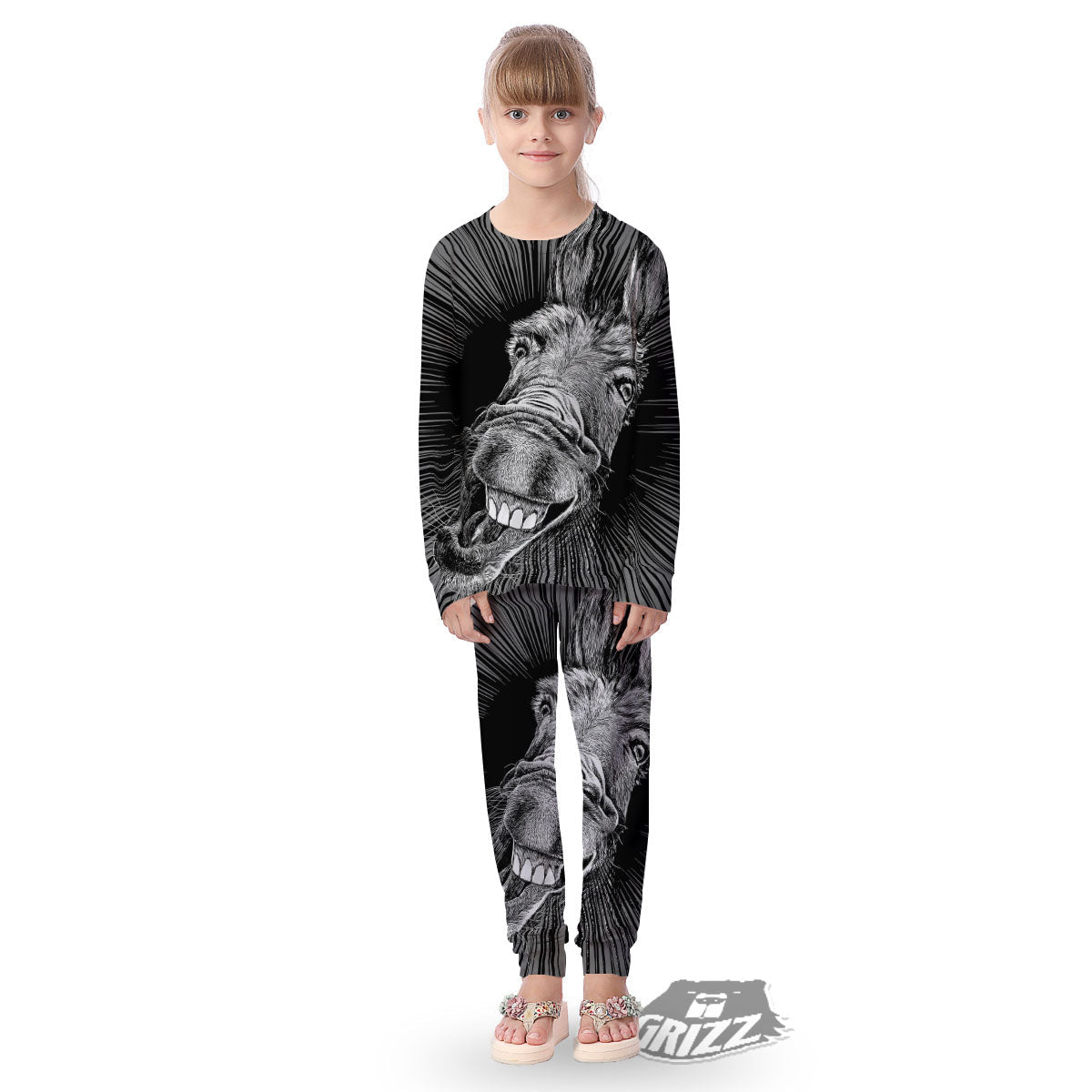 Funny Donkey White And Black Print Kid's Pajamas-grizzshop