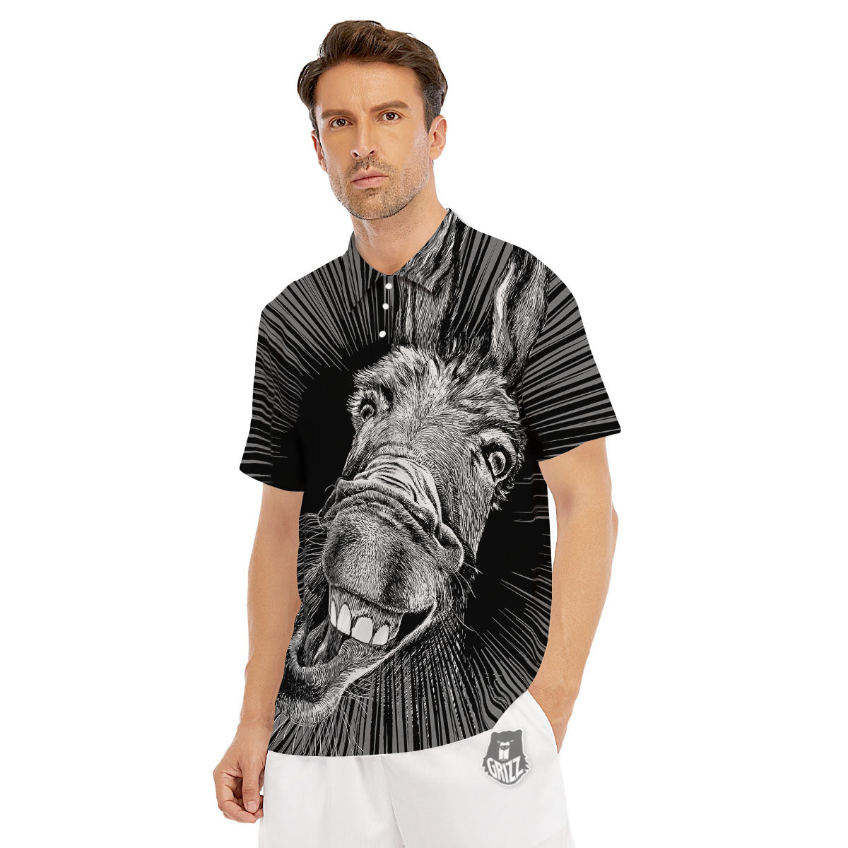 Funny Donkey White And Black Print Men's Golf Shirts-grizzshop