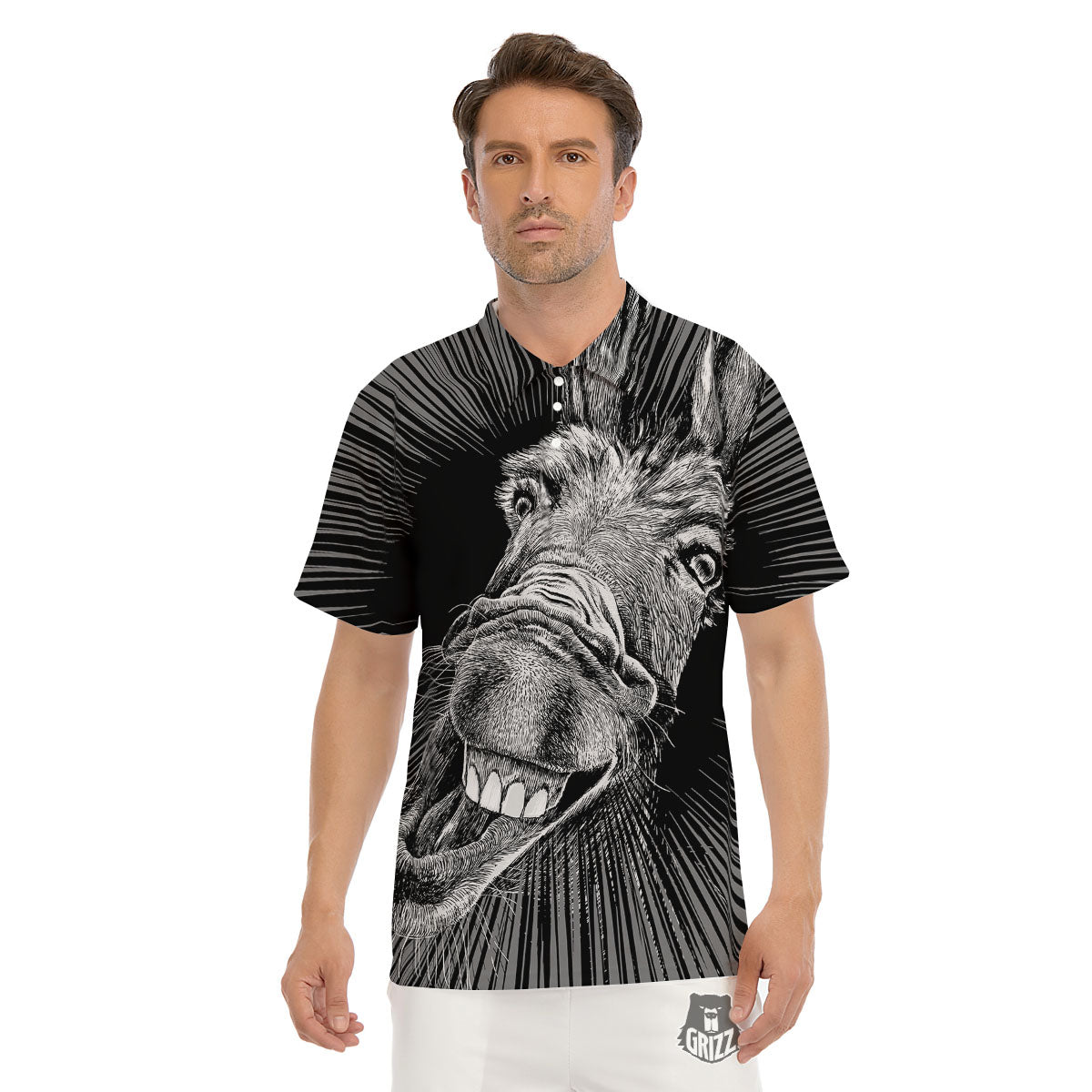 Funny Donkey White And Black Print Men's Golf Shirts-grizzshop