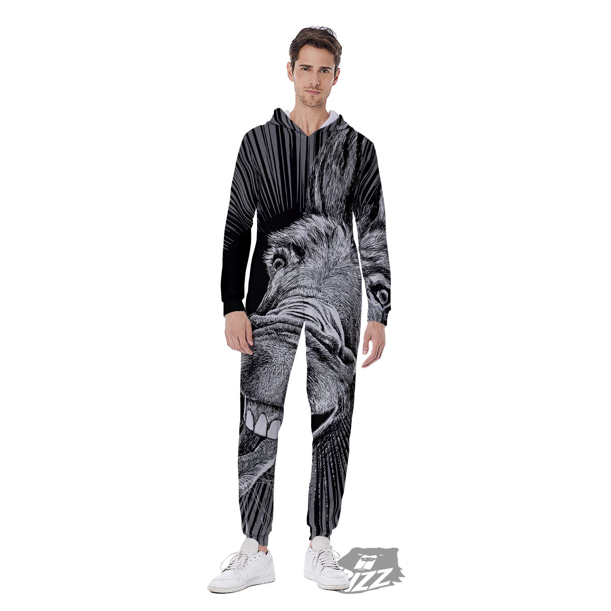 Funny Donkey White And Black Print Men's Jumpsuit-grizzshop