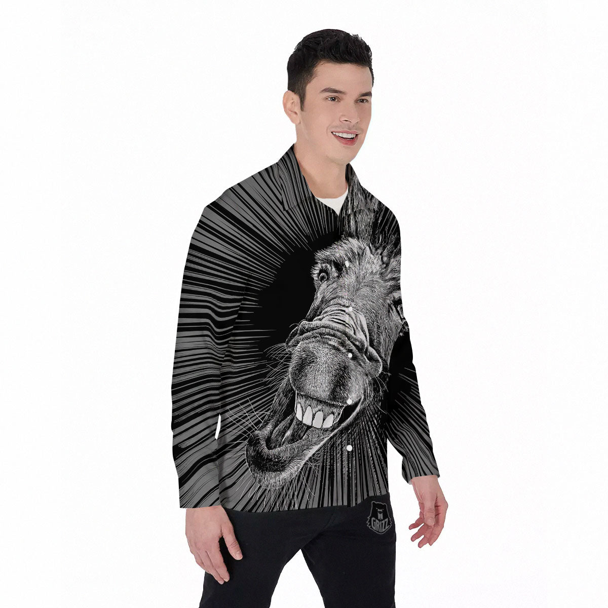 Funny Donkey White And Black Print Men's Long Sleeve Shirts-grizzshop