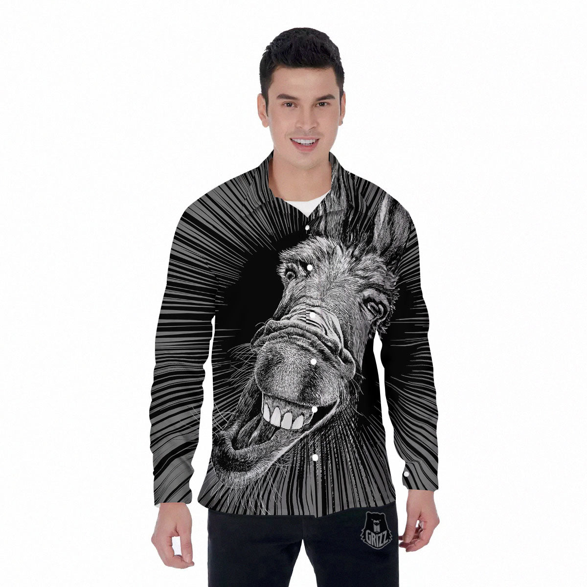 Funny Donkey White And Black Print Men's Long Sleeve Shirts-grizzshop