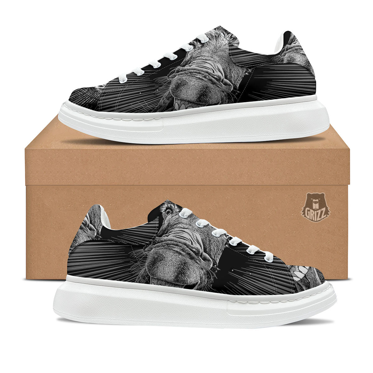 Funny Donkey White And Black Print Platform Shoes-grizzshop