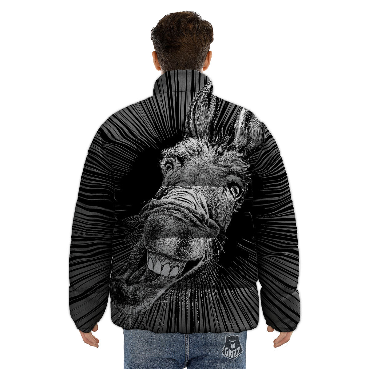 Funny Donkey White And Black Print Puffer Jacket-grizzshop