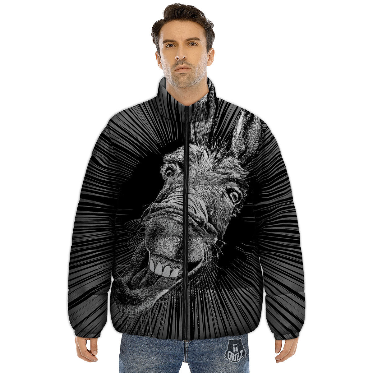 Funny Donkey White And Black Print Puffer Jacket-grizzshop