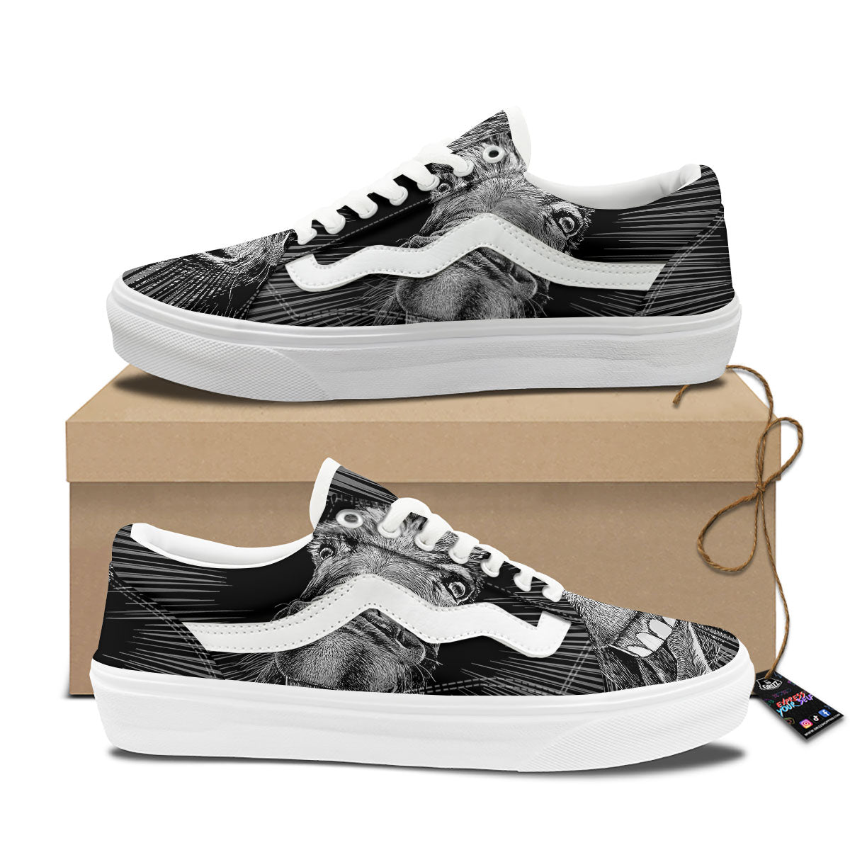 Funny Donkey White And Black Print Skate Shoes-grizzshop
