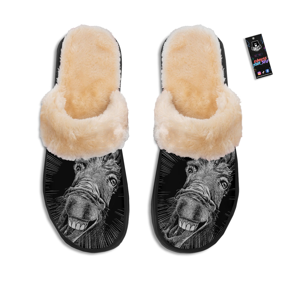 Funny Donkey White And Black Print Slippers-grizzshop