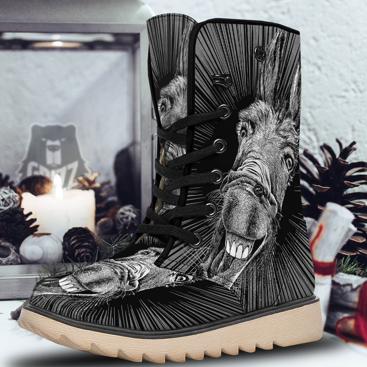 Funny Donkey White And Black Print Snow Boots-grizzshop