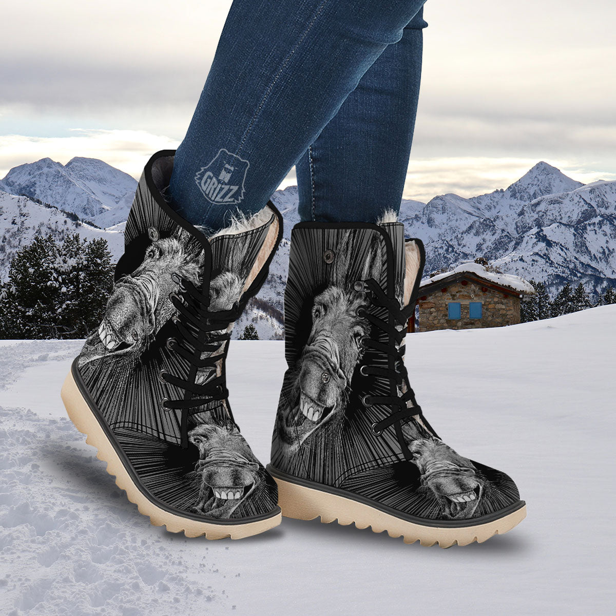 Funny Donkey White And Black Print Snow Boots-grizzshop