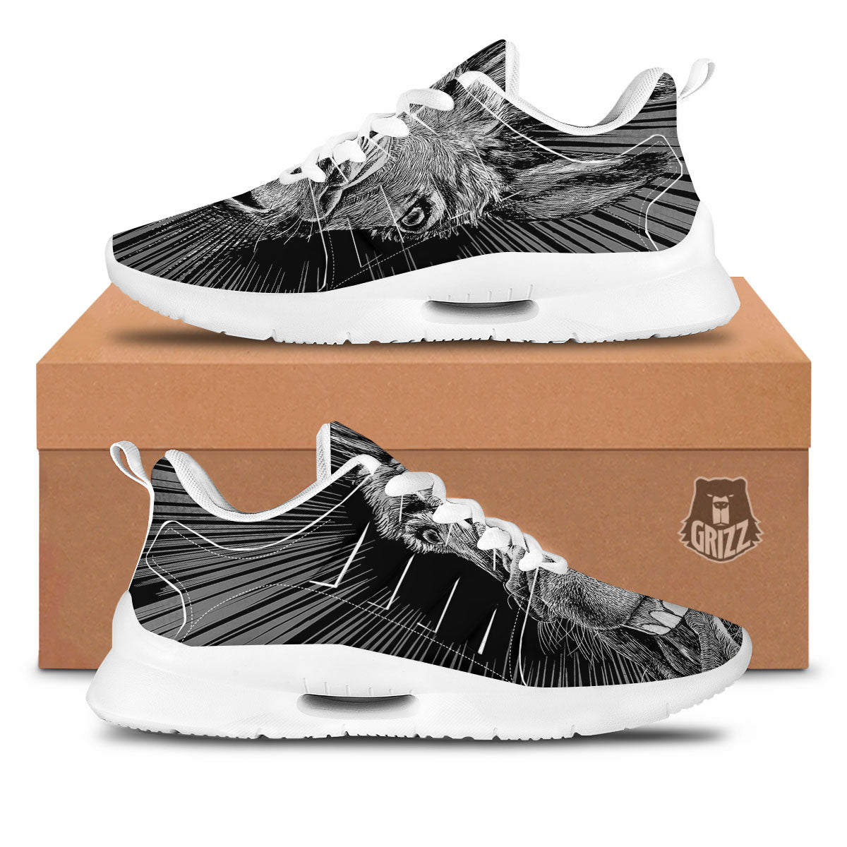 Funny Donkey White And Black Print Tennis Shoes-grizzshop