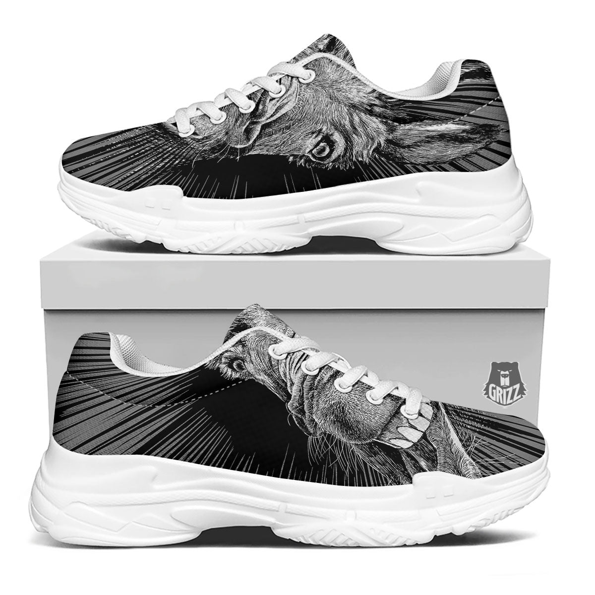 Funny Donkey White And Black Print White Chunky Shoes-grizzshop