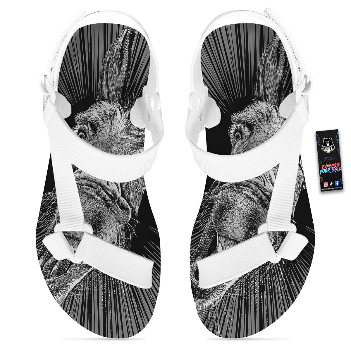 Funny Donkey White And Black Print White Open Toe Sandals-grizzshop