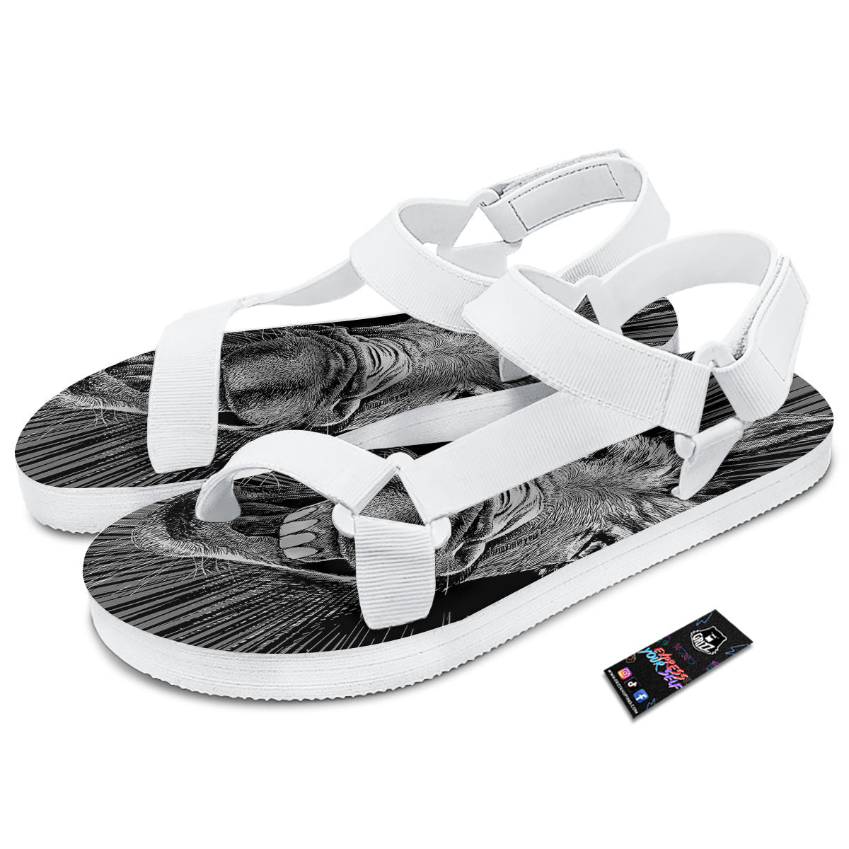 Funny Donkey White And Black Print White Open Toe Sandals-grizzshop