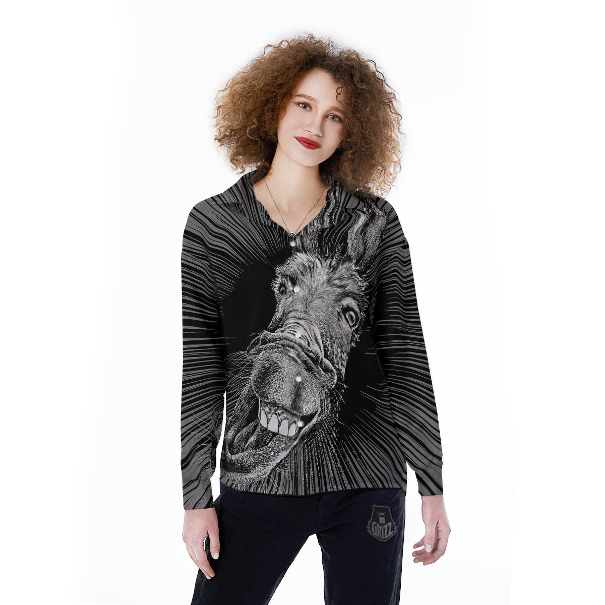 Funny Donkey White And Black Print Women's Long Sleeve Shirts-grizzshop