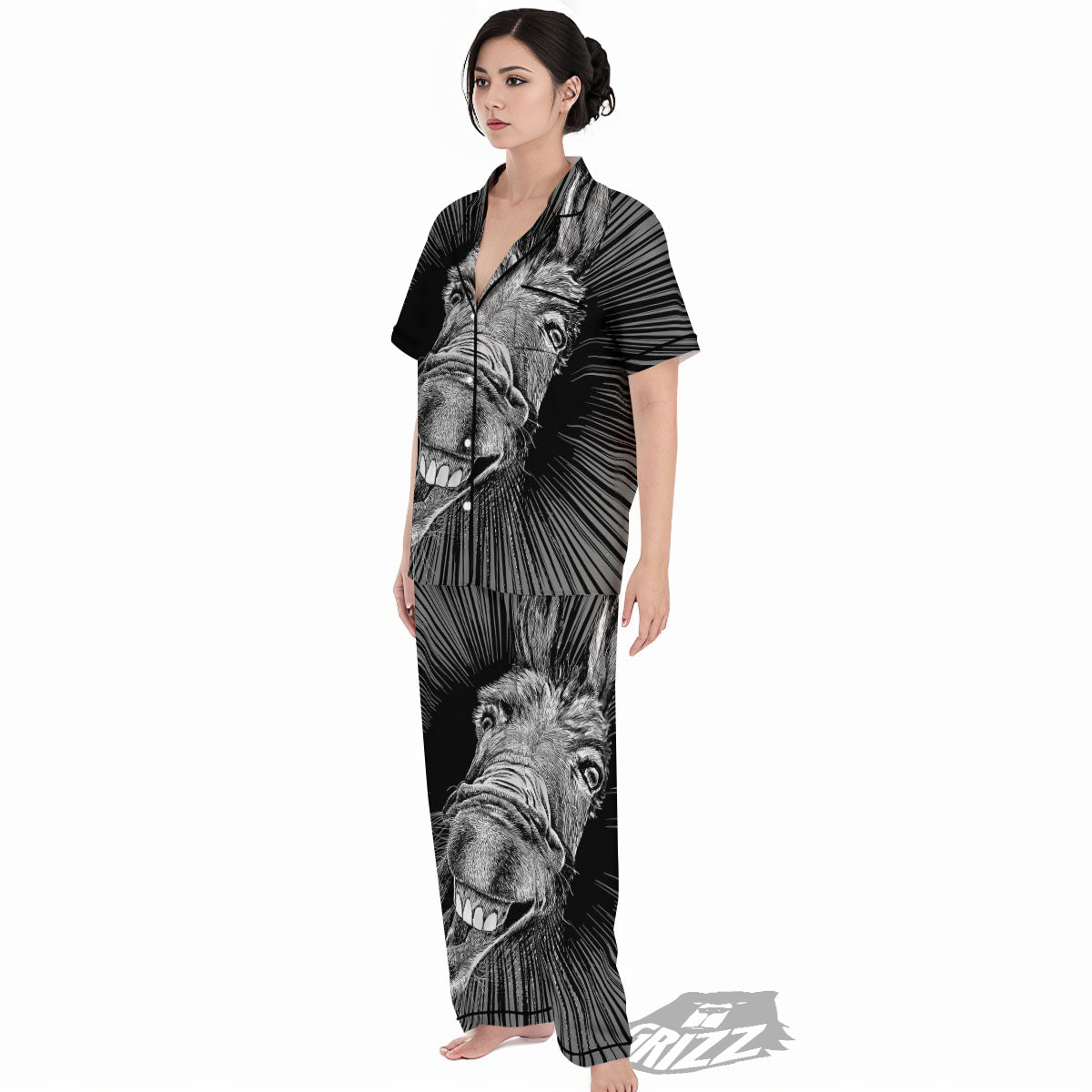 Funny Donkey White And Black Print Women's Pajamas Set-grizzshop