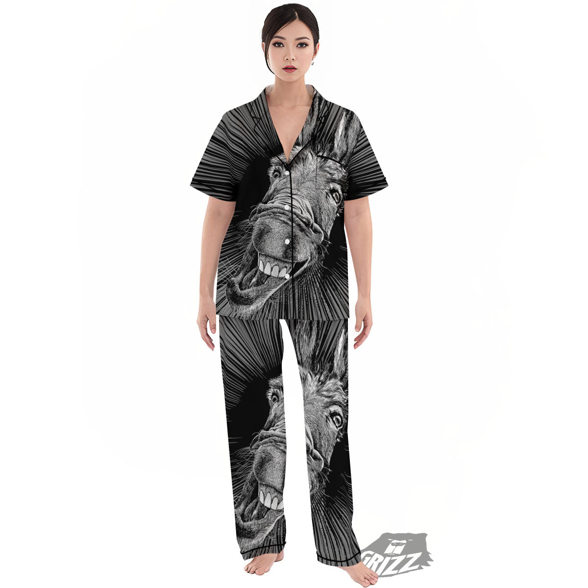Funny Donkey White And Black Print Women's Pajamas Set-grizzshop