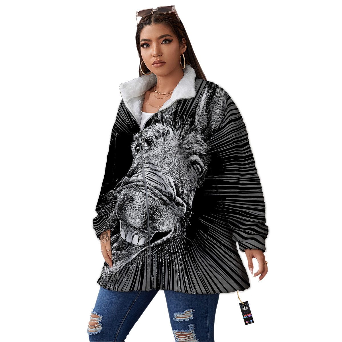 Funny Donkey White And Black Print Women's Sherpa Jacket-grizzshop
