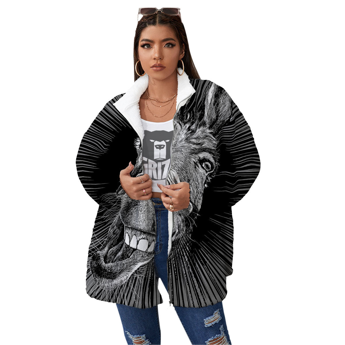 Funny Donkey White And Black Print Women's Sherpa Jacket-grizzshop