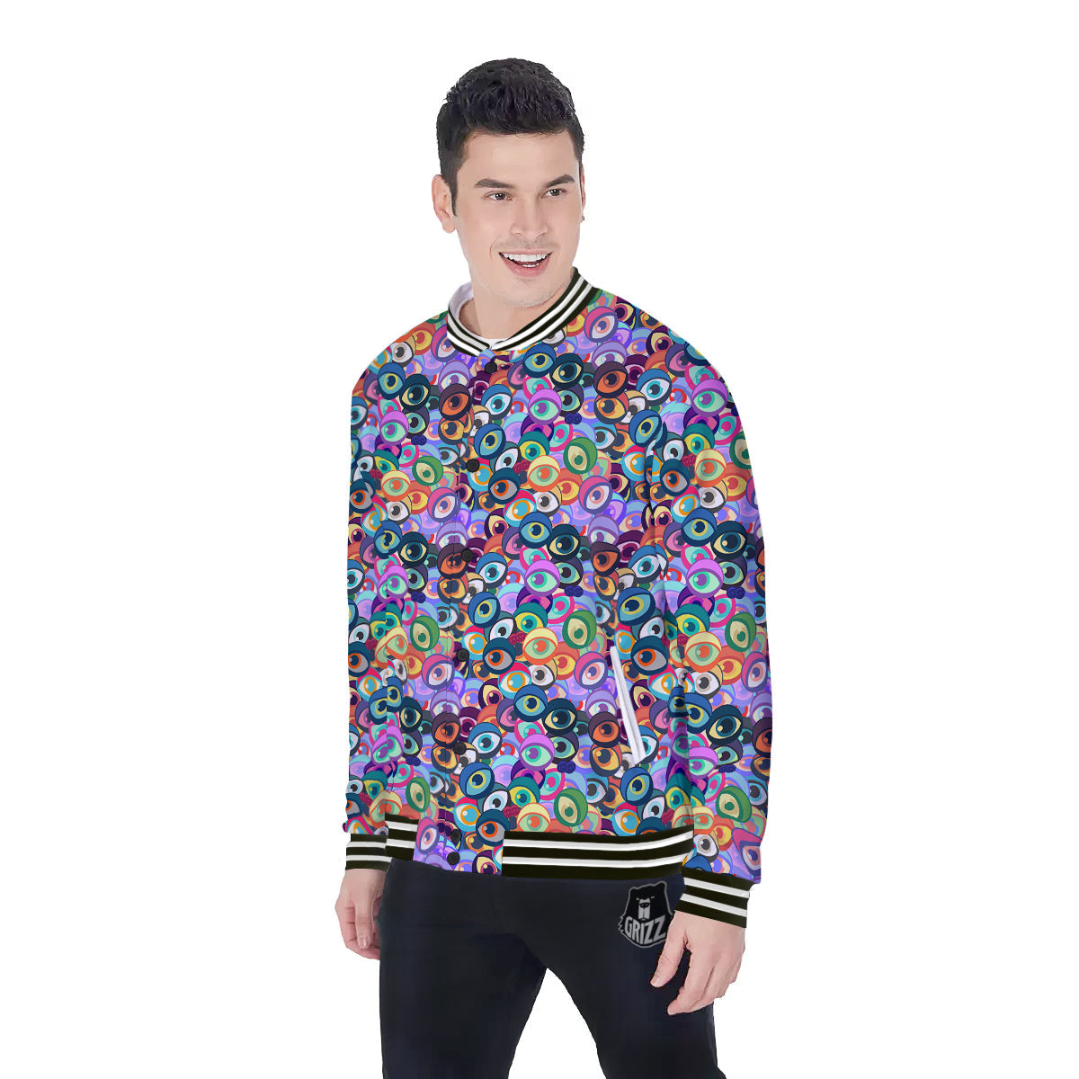 Funny Eyes Colorful Print Pattern Baseball Jacket-grizzshop