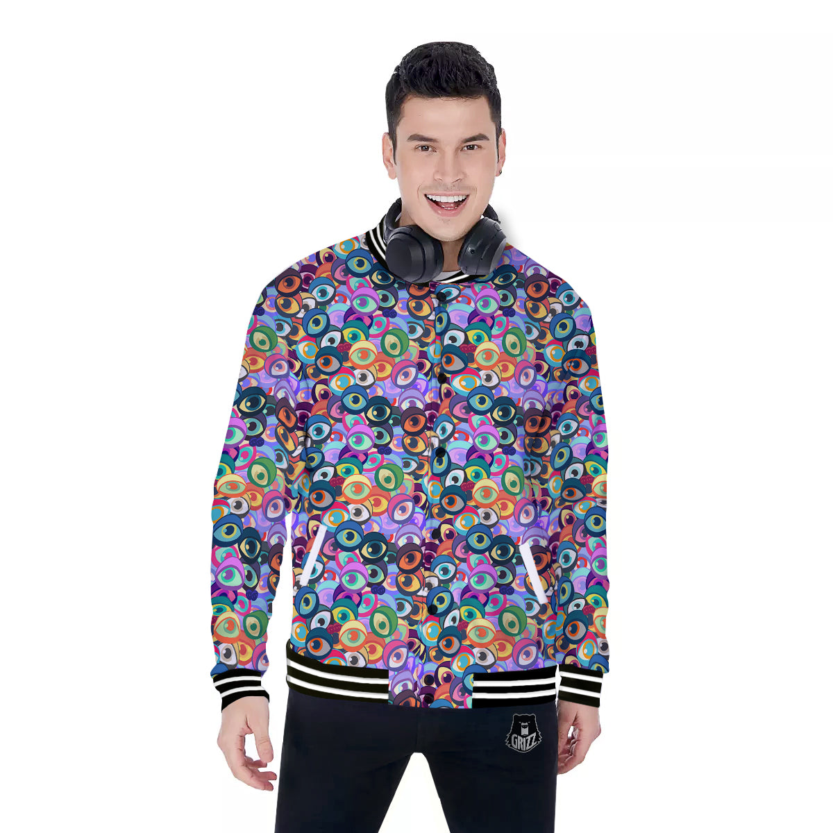 Funny Eyes Colorful Print Pattern Baseball Jacket-grizzshop