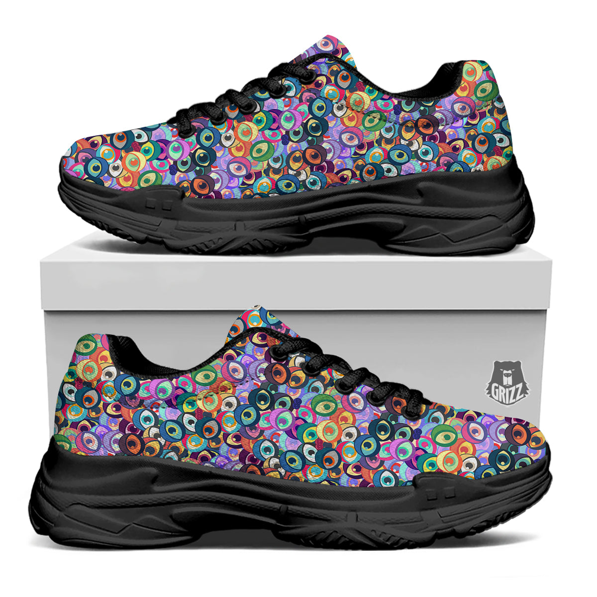 Funny Eyes Colorful Print Pattern Black Chunky Shoes-grizzshop