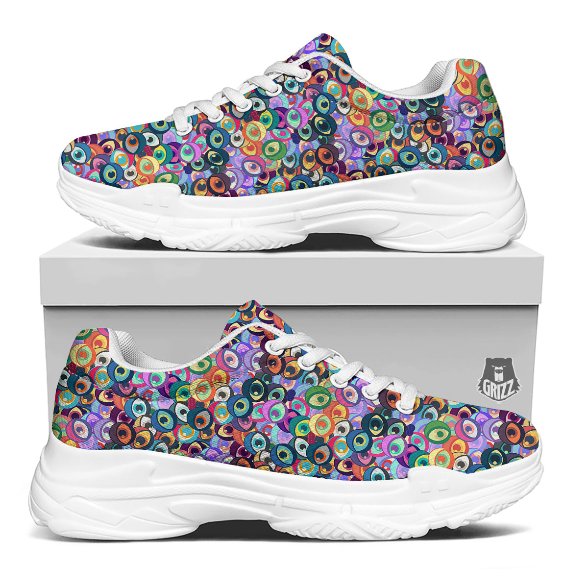 Funny Eyes Colorful Print Pattern White Chunky Shoes-grizzshop