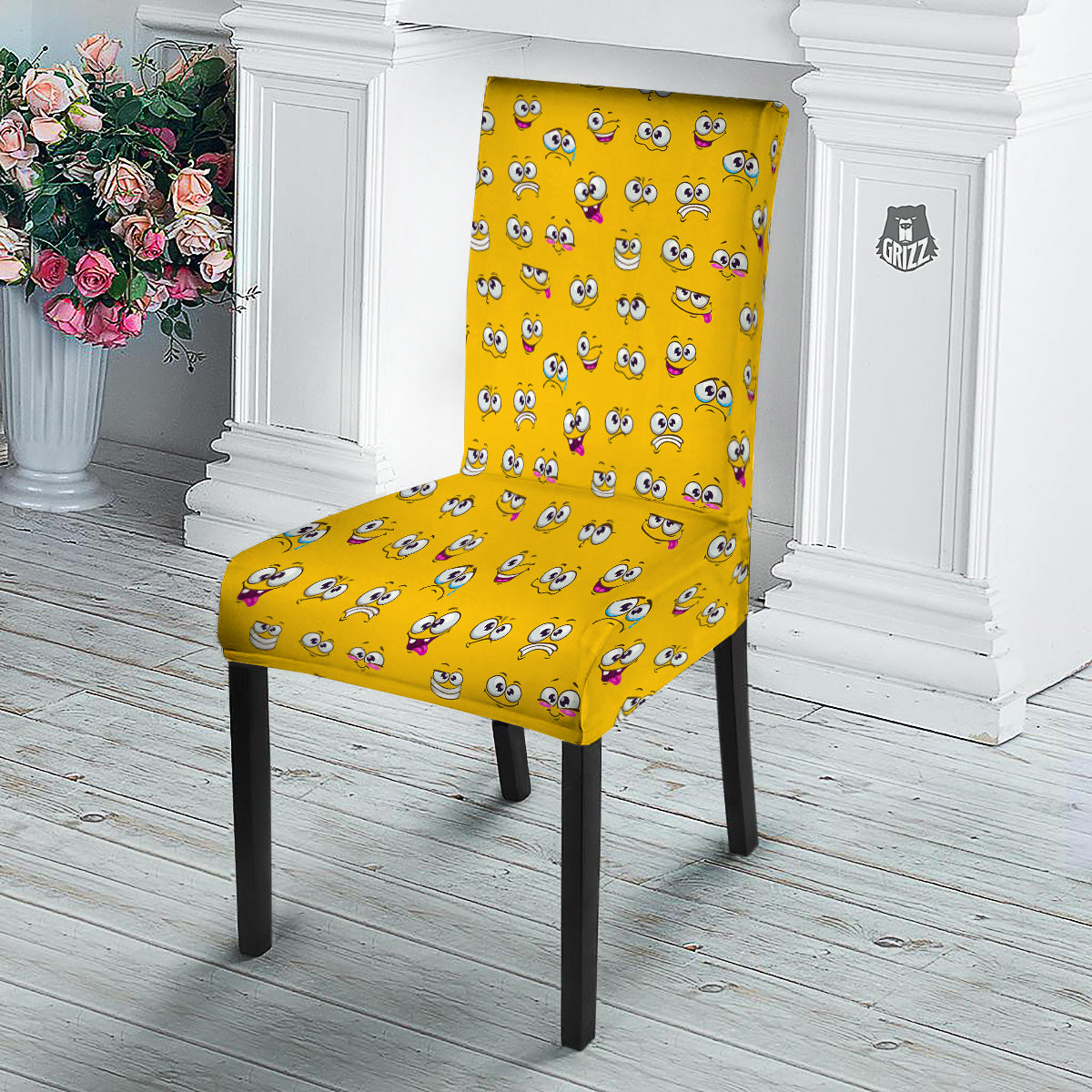 Funny Face Emoji Cartoon Print Pattern Dining Chair Slipcover-grizzshop