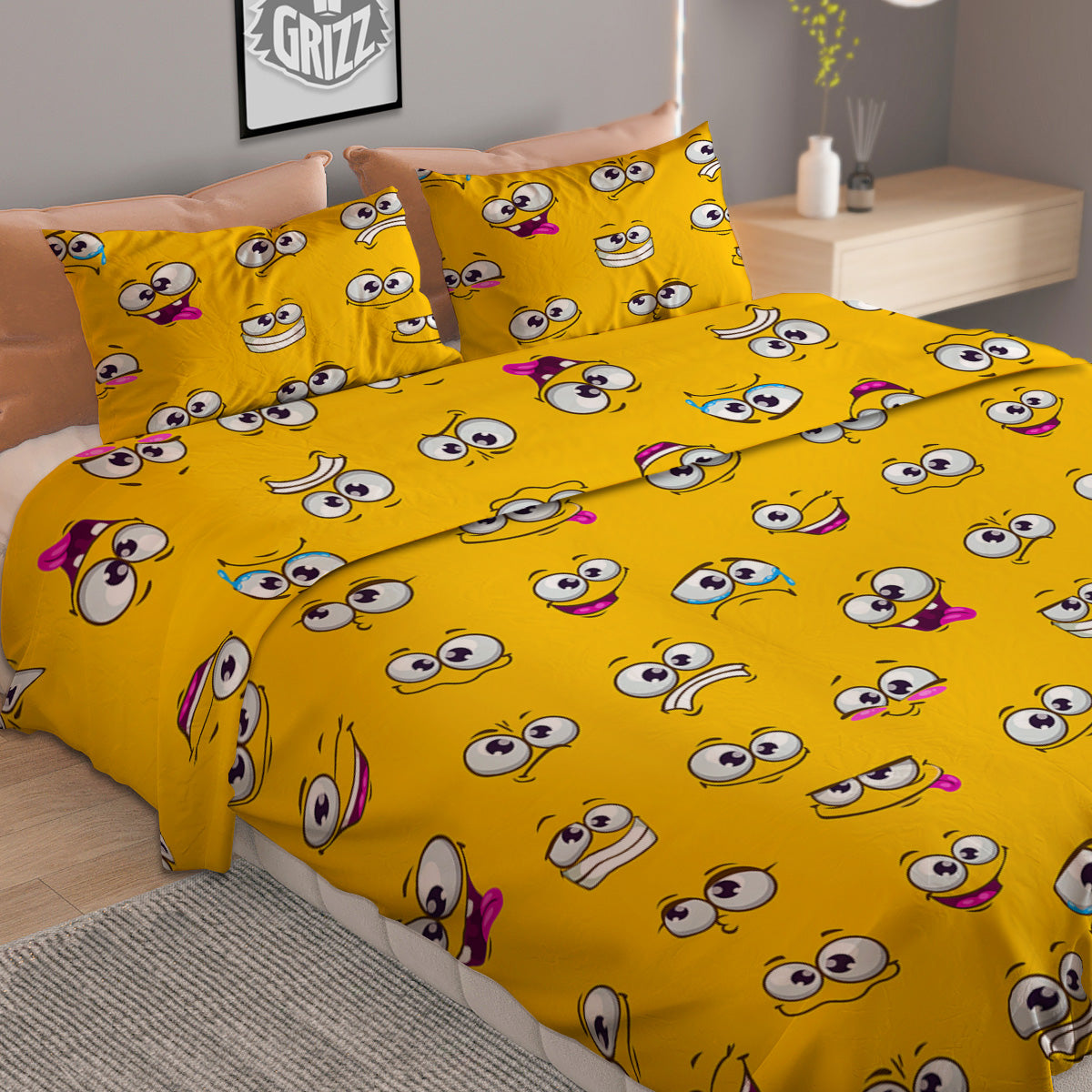 Funny Face Emoji Cartoon Print Pattern Duvet Cover Bedding Set