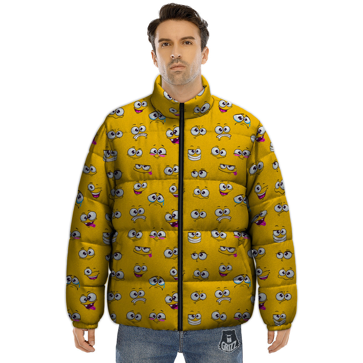 Funny Face Emoji Cartoon Print Pattern Puffer Jacket-grizzshop