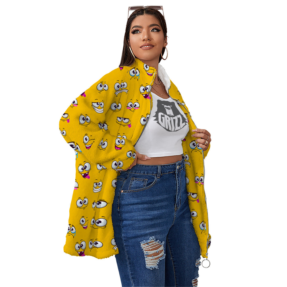 Funny Face Emoji Cartoon Print Pattern Women's Sherpa Jacket-grizzshop
