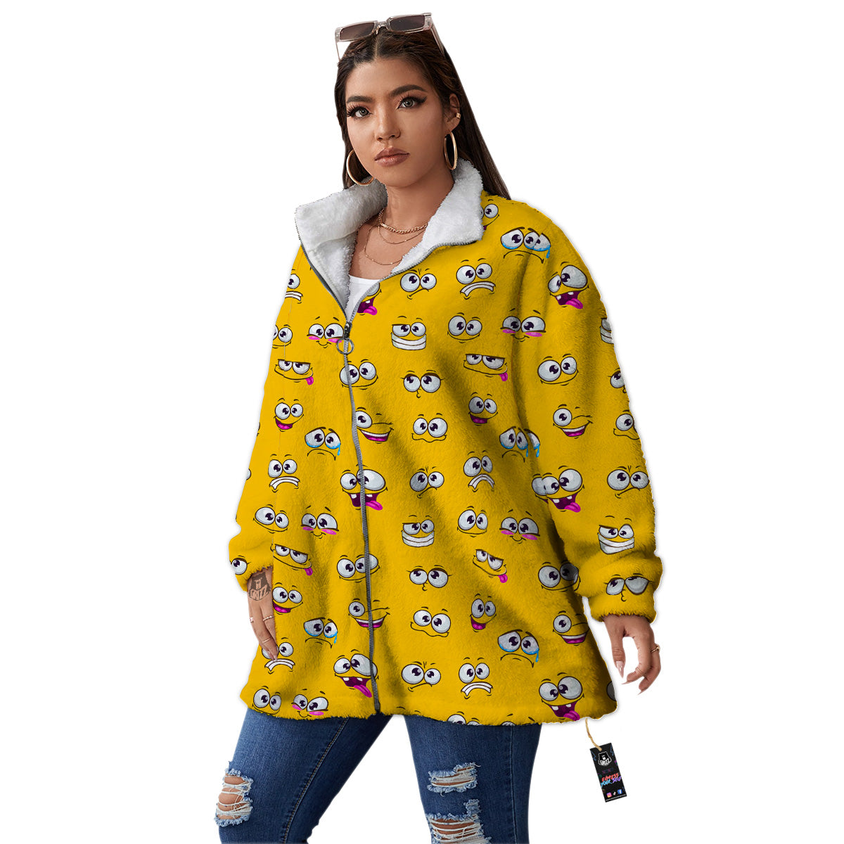 Funny Face Emoji Cartoon Print Pattern Women's Sherpa Jacket-grizzshop