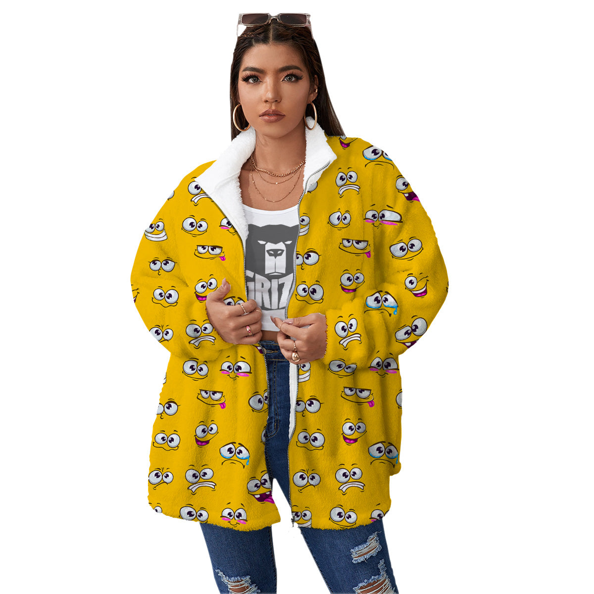 Funny Face Emoji Cartoon Print Pattern Women's Sherpa Jacket-grizzshop