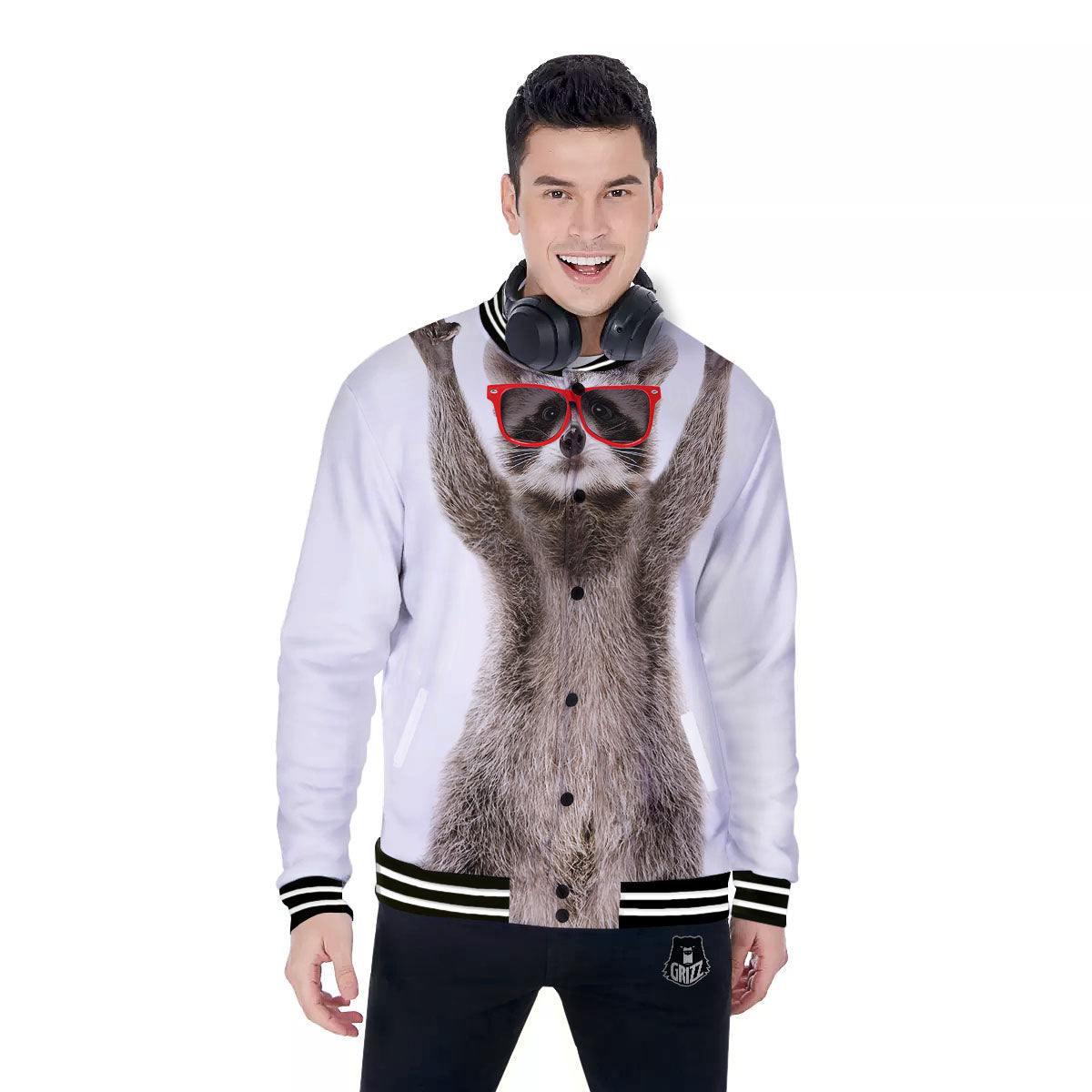 Funny Raccoon Print Baseball Jacket-grizzshop