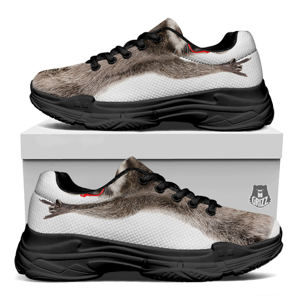 Funny Raccoon Print Black Chunky Shoes-grizzshop