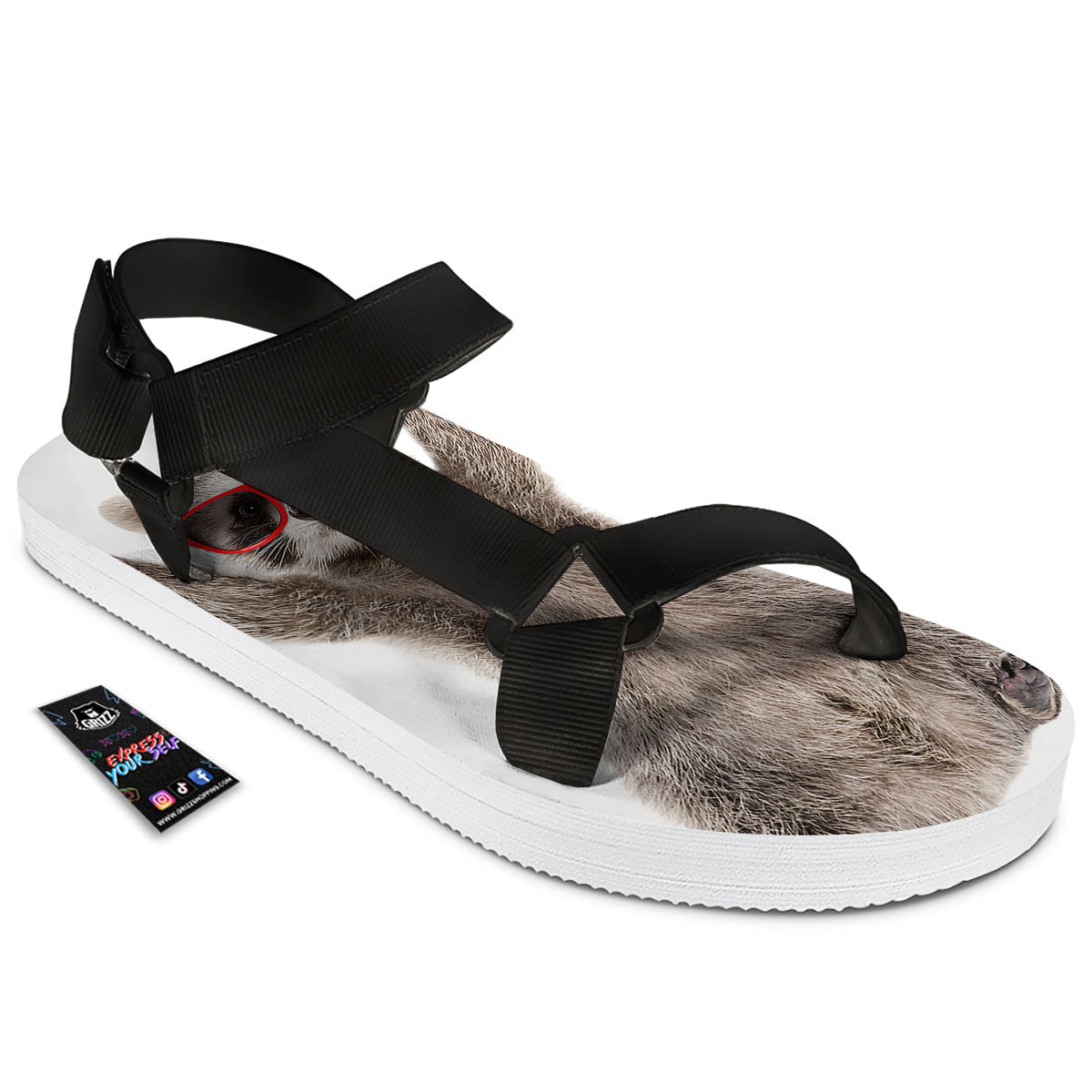 Funny Raccoon Print Black Open Toe Sandals-grizzshop